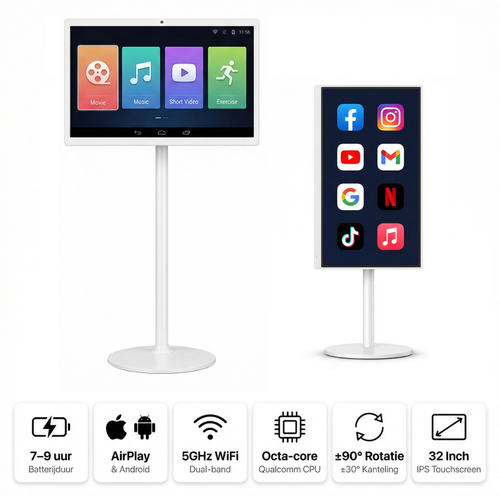 32 Inch Draagbaar Smart TV Display — Draaibaar, Kantelbaar & Verstelbaar | Android 13 & Airplay | WiFi | Ingebouwde Batterij
