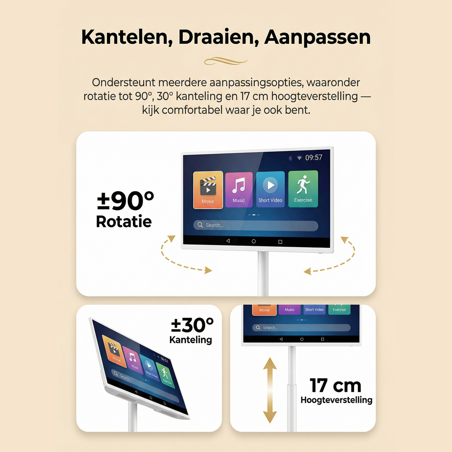 32 Inch Draagbaar Smart TV Display — Draaibaar, Kantelbaar & Verstelbaar | Android 13 & Airplay | WiFi | Ingebouwde Batterij