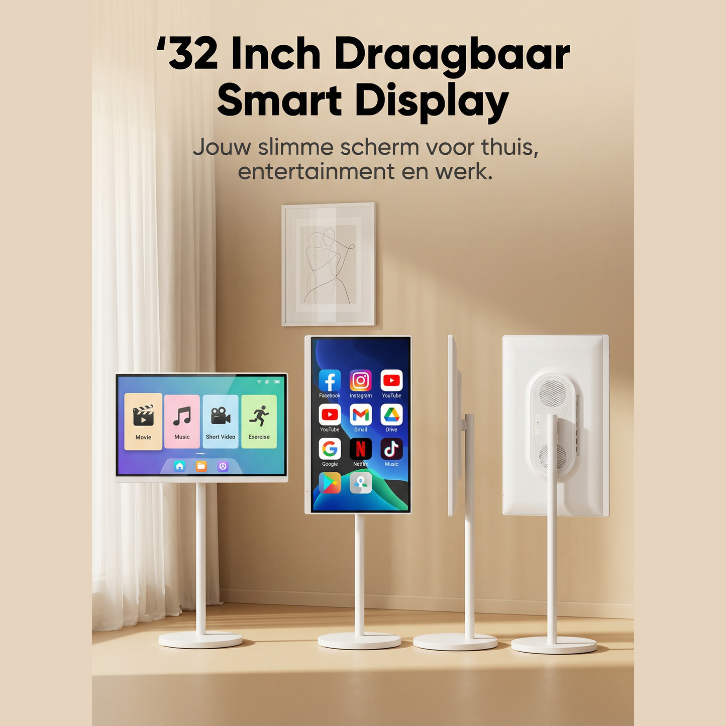 32 Inch Draagbaar Smart TV Display — Draaibaar, Kantelbaar & Verstelbaar | Android 13 & Airplay | WiFi | Ingebouwde Batterij