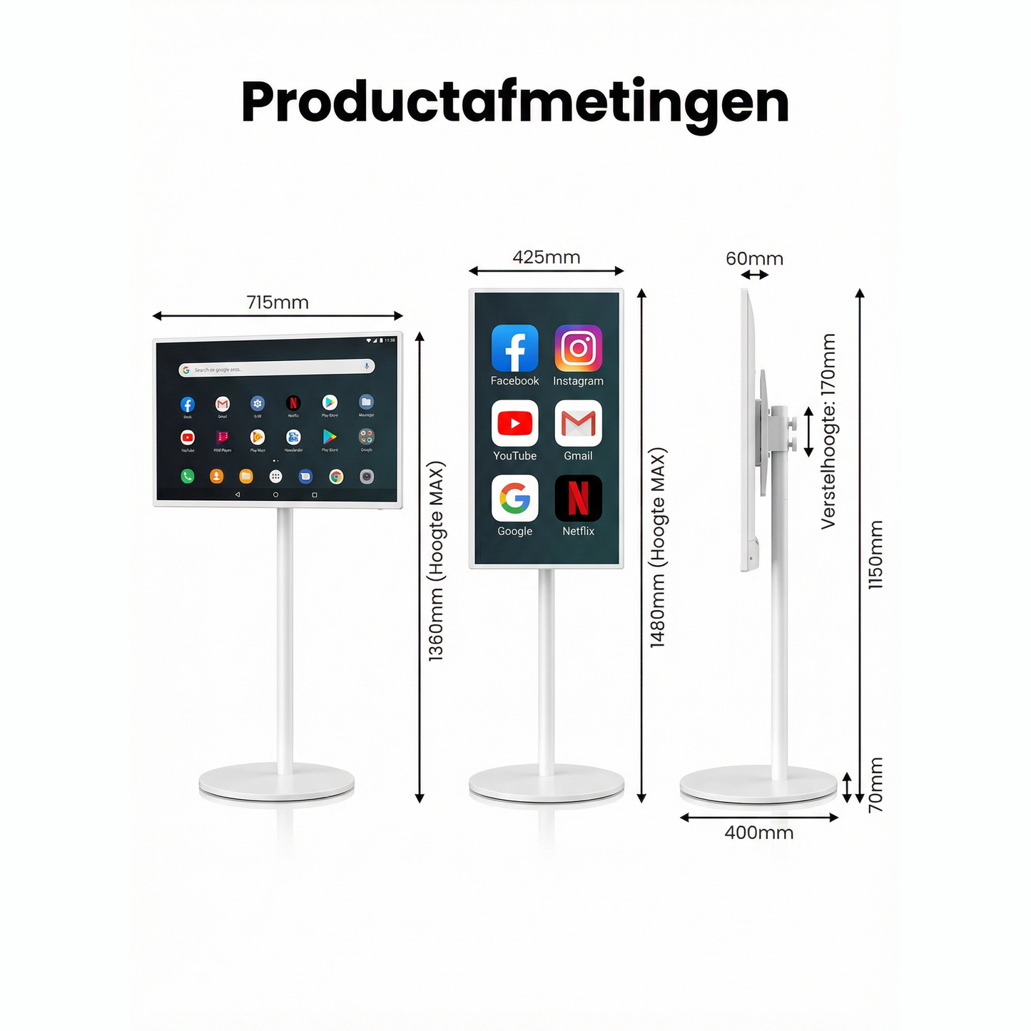32 Inch Draagbaar Smart TV Display — Draaibaar, Kantelbaar & Verstelbaar | Android 13 & Airplay | WiFi | Ingebouwde Batterij